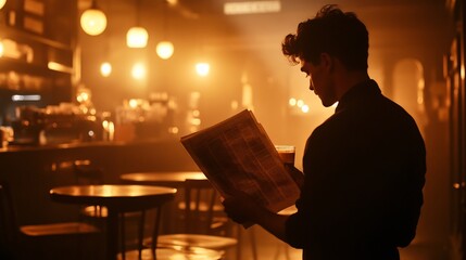 young man sipping espresso in dimly lit caf� while reading newspaper