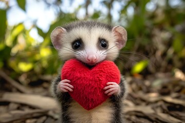 Obraz premium Cute opossum baby with fluffy red heart on in a natural habitat. Opossum - my preferred animal. Commercial animal creative. Love-filled nature backdrop. Valentineâ€™s day magic in nature.