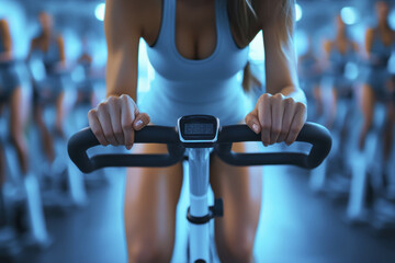 Close up of woman's hands gripping bicycle handlebars in exercise setting
