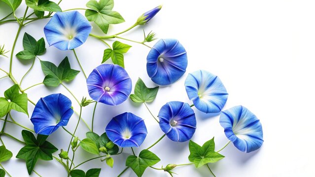 Vibrant Morning Glories Aerial Flat Lay with Copy Space - Fresh Splash Effect Stock Photo