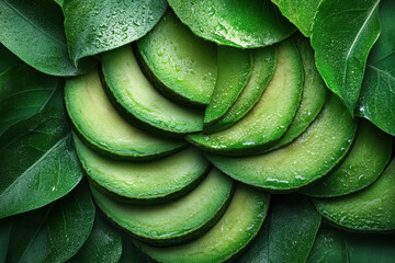 Fototapeta premium Sliced avocados with water droplets, vibrant green hues, on a white plate, fresh and enticing.