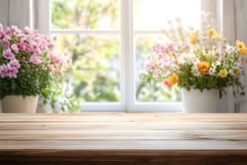 Empty wooden table top with free space on blurred decorated with colorful spring flowers window background