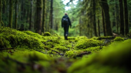 Fototapeta premium Person hiking through mossy forest floor
