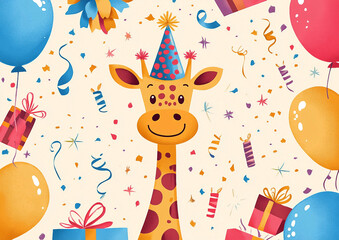 Obraz premium A giraffe is wearing a party hat and standing in front of a bunch of balloons