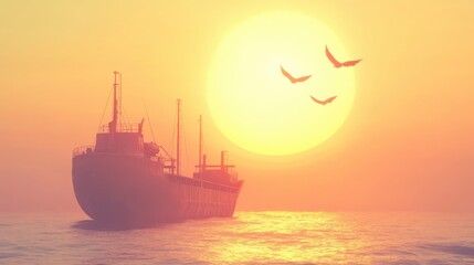 Fototapeta premium Serene sunset over a silhouette of a cargo ship sailing on calm waters with birds flying