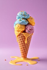 Whimsical ice cream scene with a waffle cone holding five colorful scoops in blue, purple, pink, orange, and yellow, topped with multicolored sprinkles. Set against a bright purple background, the mel