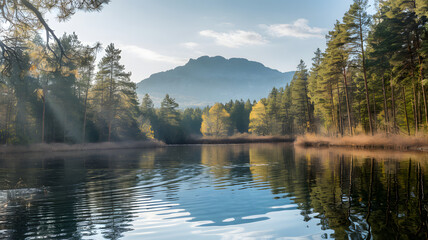 Naklejka premium A serene, sunlit lake surrounded by pine trees with gentle ripples on the water.