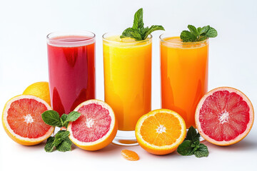 Three glasses of juice surrounded by fresh oranges and grapes.
