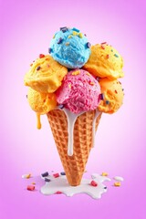 Whimsical ice cream scene with a waffle cone holding five colorful scoops in blue, purple, pink, orange, and yellow, topped with multicolored sprinkles. Set against a bright purple background, the mel