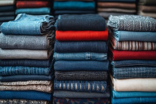 Stacks of folded colorful clothes forming a wall of garments