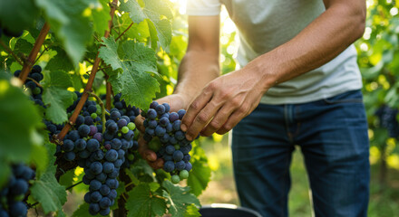 A vintner carefully picks clusters of ripe grapes in the sun-drenched vineyard.
