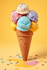 Whimsical ice cream cone with six vibrant scoops in blue, pink, green, yellow, purple, and orange, topped with colorful sprinkles, set against a bright yellow background. The classic waffle cone has a