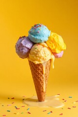 Whimsical ice cream cone with six vibrant scoops in blue, pink, green, yellow, purple, and orange, topped with colorful sprinkles, set against a bright yellow background. The classic waffle cone has a