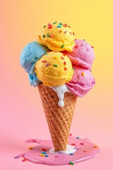 Whimsical ice cream cone with six vibrant scoops in blue, pink, green, yellow, purple, and orange, topped with colorful sprinkles, set against a bright yellow background. The classic waffle cone has a