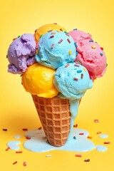 Whimsical ice cream cone with six vibrant scoops in blue, pink, green, yellow, purple, and orange, topped with colorful sprinkles, set against a bright yellow background. The classic waffle cone has a