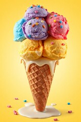 Whimsical ice cream cone with six vibrant scoops in blue, pink, green, yellow, purple, and orange, topped with colorful sprinkles, set against a bright yellow background. The classic waffle cone has a
