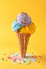 Whimsical ice cream cone with six vibrant scoops in blue, pink, green, yellow, purple, and orange, topped with colorful sprinkles, set against a bright yellow background. The classic waffle cone has a