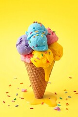Whimsical ice cream cone with six vibrant scoops in blue, pink, green, yellow, purple, and orange, topped with colorful sprinkles, set against a bright yellow background. The classic waffle cone has a