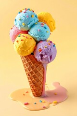 Whimsical ice cream cone with six vibrant scoops in blue, pink, green, yellow, purple, and orange, topped with colorful sprinkles, set against a bright yellow background. The classic waffle cone has a