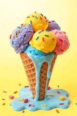 Whimsical ice cream cone with six vibrant scoops in blue, pink, green, yellow, purple, and orange, topped with colorful sprinkles, set against a bright yellow background. The classic waffle cone has a