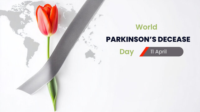 World Parkinson's Disease Day Red Tulip and Gray Awareness Ribbon on World Map Background