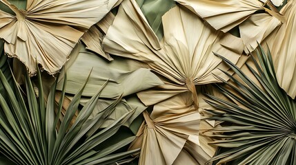 A textured arrangement of dried palm leaves in various shades of green and beige.
