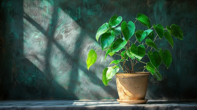 Sunlit potted plant with heart-shaped leaves against a textured green wall