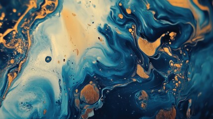 Obraz premium Celestial Depths and Molten Treasures: Exploring the Interplay of Rich Blues and Luminous Gold in Fluid Abstraction