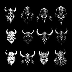 Set of Viking Warrior Illustrations Featuring Horned Helmets, Bearded Faces, and Norse Mythology-Inspired Designs in Black and White