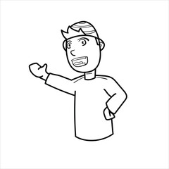 black and white illustration of muslim man greeting,cartoon,great for your visual elements,vector format