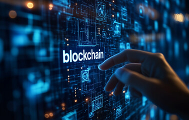 Hand touching a digital screen with the "blockchain" word on a hologram background