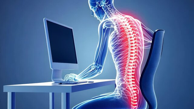 Medical illustration showing spinal strain from hunching over computer, revealing postural stress affecting musculoskeletal wellness and ergonomic challenges video 4k