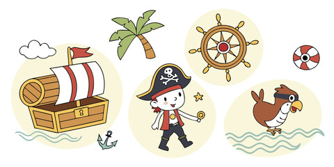 Cute Pirate Adventure Vector Set – Kids Treasure Island, Ship, Captain, Sailors & Fun Icons