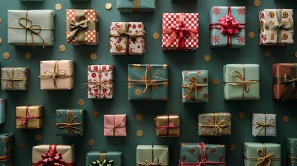 A flat lay of colorful wrapped presents with bows and ribbons on a green background.