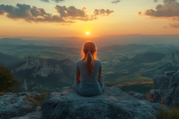 Obraz premium Young blonde hiker woman watching majestic sunset over mountain valley landscape