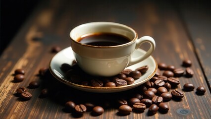 Aromatic Dark Roast Coffee in a Porcelain Cup Resting on a Saucer Adorned with Roasted Beans on a Rich Wooden Surface