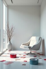 Fototapeta premium Modern minimalist living room interior with discarded paint swatches and tape rolls near a comfortable armchair