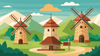 Built from locallysourced stone and wood the traditional windmills blend seamlessly into the natural landscape.. Vector illustration