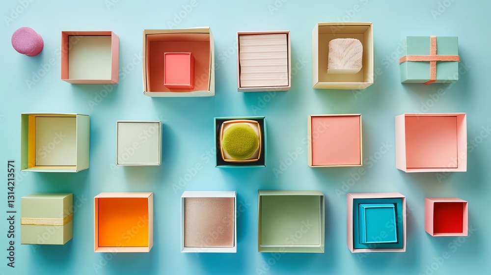 Wall mural a flat lay of many colorful boxes arranged in a grid pattern on a blue background.