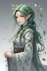 A mystical forest spirit with green hair, adorned with branches and leaves, embodying the essence of nature and the earth.