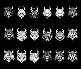 Set of Viking Warrior and Mythical Beast Heads in Black and White, Nordic Tribal Animal Illustrations Featuring Wolves, Bulls, and Lions with Horns and Helmets