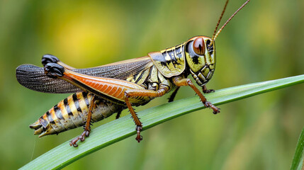 Fototapeta premium Close-up of a vibrant grasshopper on green leaf in natural habitat