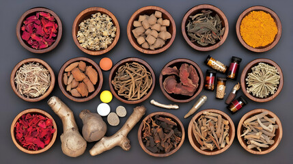 An Overhead Flatlay View of Assorted Dried Herbs Roots Powders and Tinctures in Wooden Bowls on a Dark Grey Background for Traditional Herbal Medicine Practices