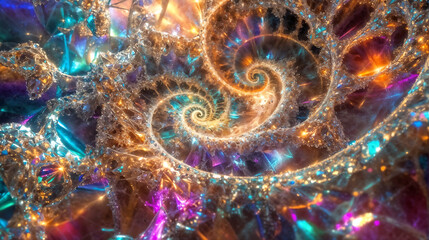 Abstract fractal background with space. Bright iridescent double spiral. Background with light effects, crystals and golden patterns. Futuristic and mystical look, sacred geometry, op art.