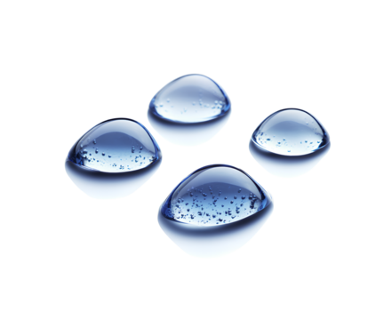  Three transparent water droplets isolated on a white background, top view. Vector illustration of cosmetic product design elements