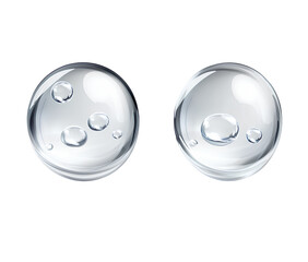 Three transparent water droplets isolated on a white background, top view. Vector illustration of cosmetic product design elements 