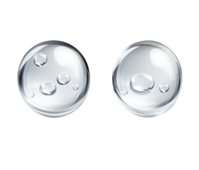 Three transparent water droplets isolated on a white background, top view. Vector illustration of cosmetic product design elements 