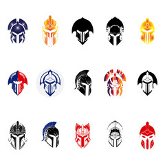 Set of Spartan and Roman Warrior Helmet Logos, Ancient Greek Gladiator and Knight Head Designs, Colorful and Monochrome Military Armor Icons