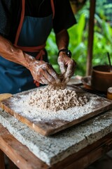 Hands kneading dough outdoors