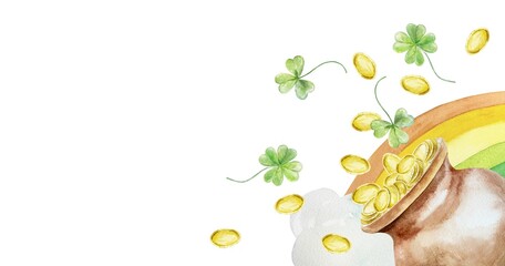 Clay pot with gold coins, clover leaves, rainbow. Corner frame with space for text. Symbol of St. Patricks Day. Hand drawn watercolor illustration isolated. For greeting cards, invitations, banners.